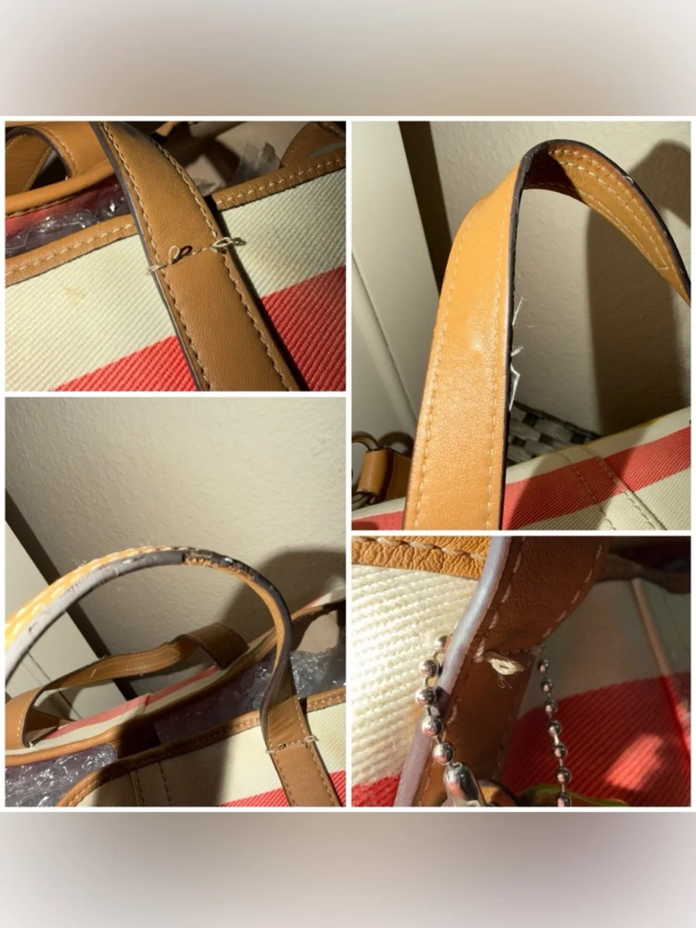 Coach Striped Canvas Tote in Coral, Mustard, Navy & Pink with Tan Leather F30041 - Picture 13 of 16